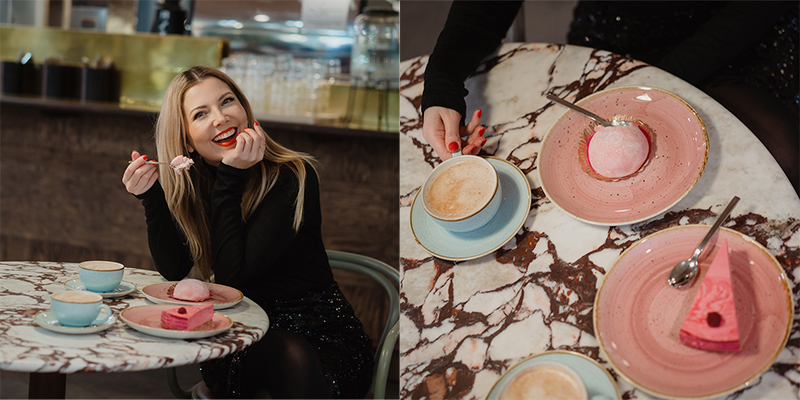 Kuva Jennistä Gasm Café & Bar:ssa. Toisessa kuvassa kuva jäätelö annoksesta, kakkupalasta ja kahveista.